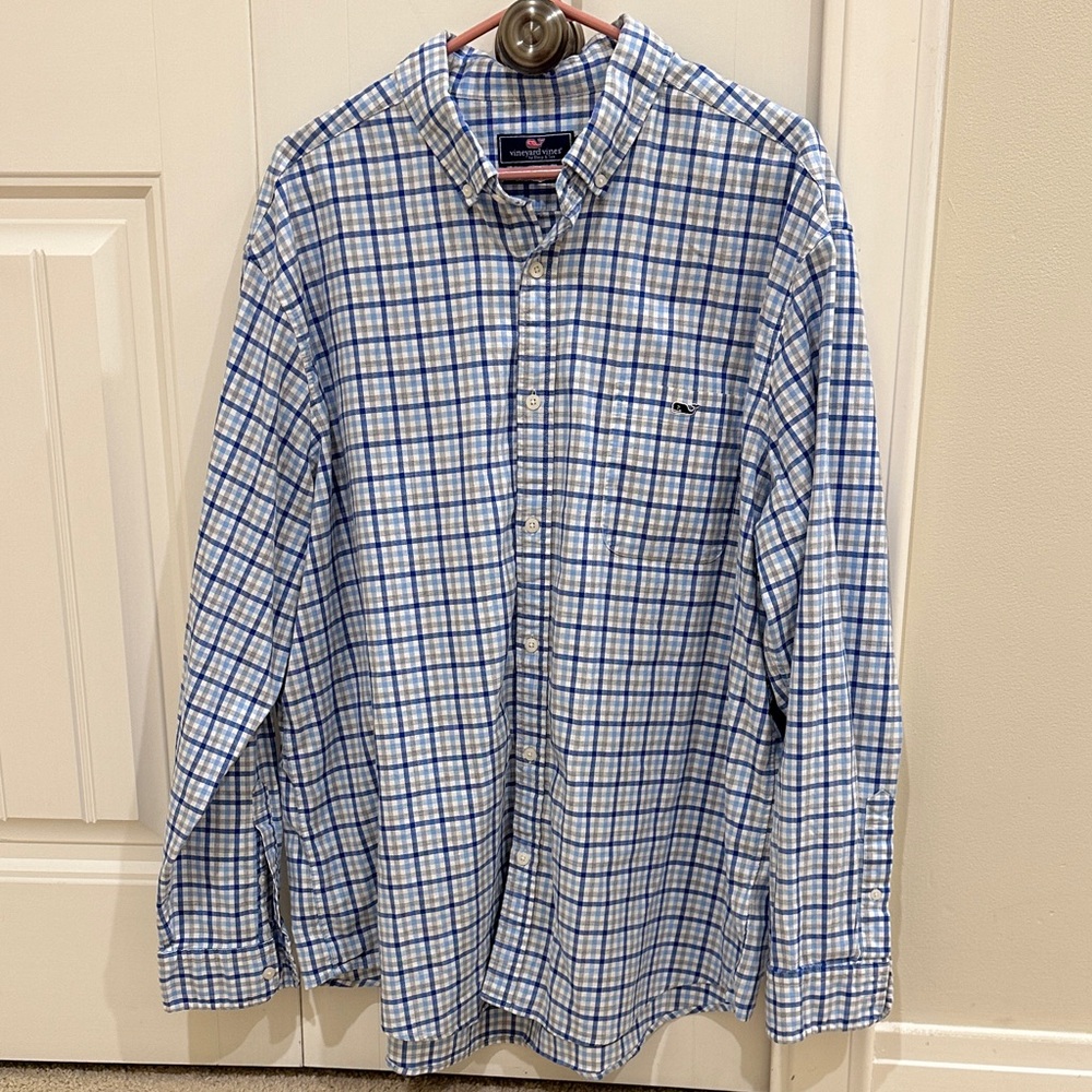 Vineyard Vines Blue and White Plaid Men's Shirt